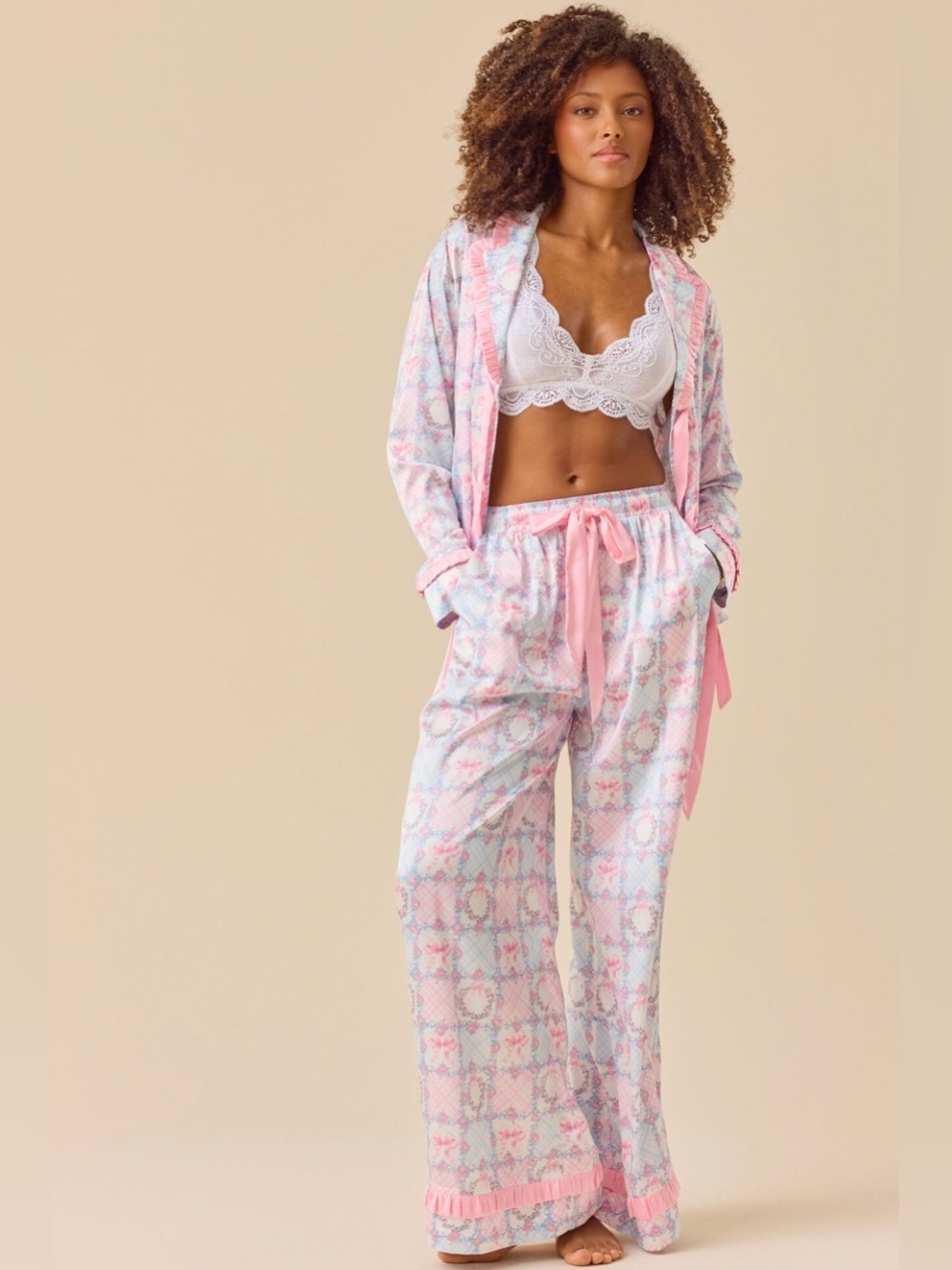 Altar'd State Pink & White Floral Two-Piece Pajama Set with Lace Trim